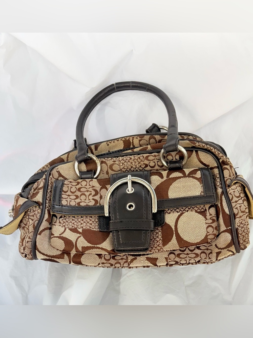Coach Brown Signature Canvas Satchel with Dark Brown Leather Trim
